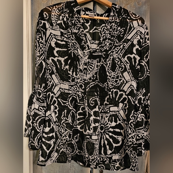 Vintage 90s Cache Sheer Blouse S Black White Pintuck V Neck Pullover - Picture 3 of 11